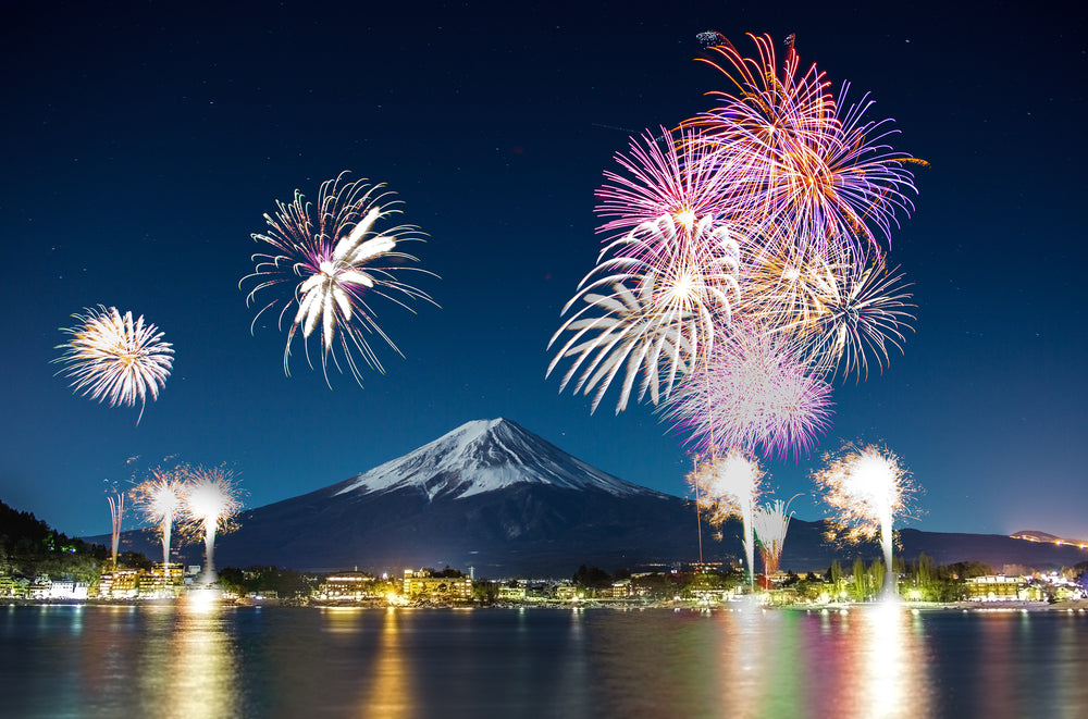 Fireworks over Mount Fuji, Japan.