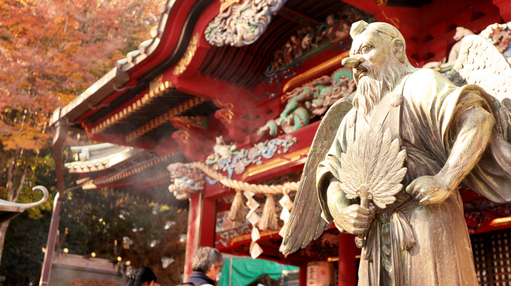The mythical creature Tengu in front of a shrine on Mt. Takao.